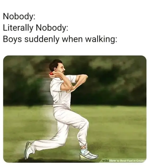 boys imitating bowler run up meme