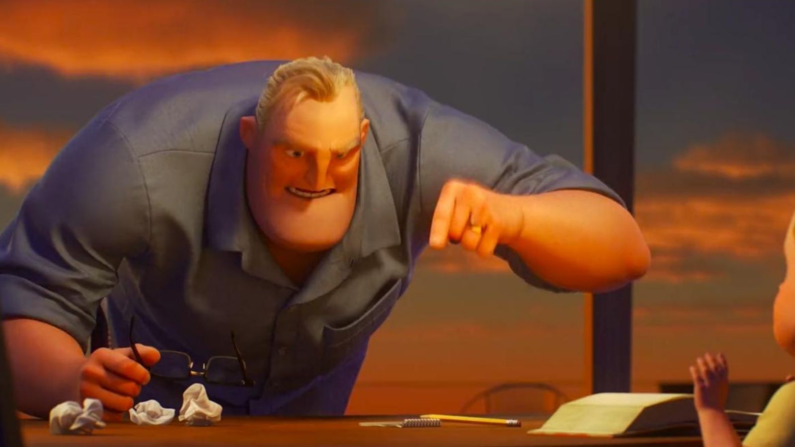 Bob Parr (Mr. Incredible) trying to teach his son, Dash, math problems and yelling because the way it is being taught now has changed since he was in school.