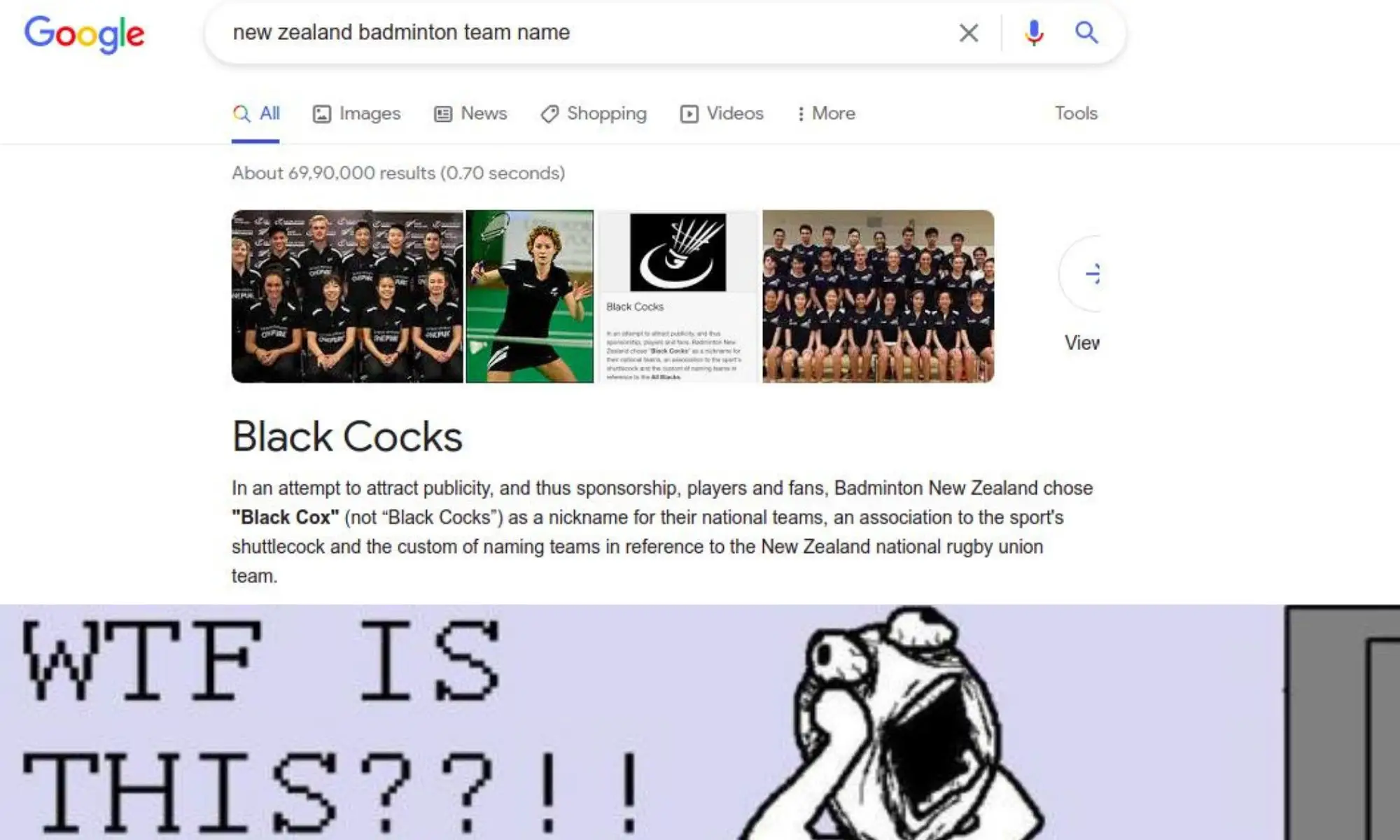 New Zealand Badminton Team Name Meme on Black Cocks