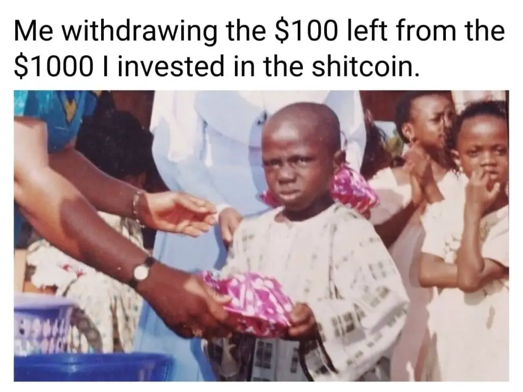 Shit coin Meme on African Kid crying taking prize